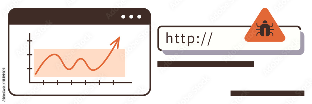 Poster line graph with upward trend beside a url bar containing a bug alert. ideal for business growth, cyb