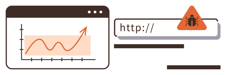 Line graph with upward trend beside a URL bar containing a bug alert. Ideal for business growth, cybersecurity, data analysis, risk management, online safety, viral trends, simple flat metaphor
