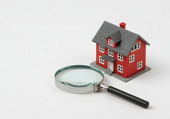 Discover your dream home with a magnifying glass exploring a vibrant red house, symbolizing meticulous property search and real estate investment opportunities