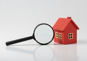 Magnifying glass examining a small red house, symbolizing real estate search, inspection, or property investment opportunities.