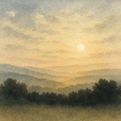 Obraz premium Painterly alpine landscape with layered blue mountains pine silhouettes and atmospheric watercolor textures conveying calm wonder and timeless nature artistry