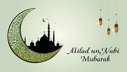 Celebrate Milad un Nabi Mubarak with elegant mosque silhouette and crescent moon, perfect for festive greetings and cultural event promotions this holiday season