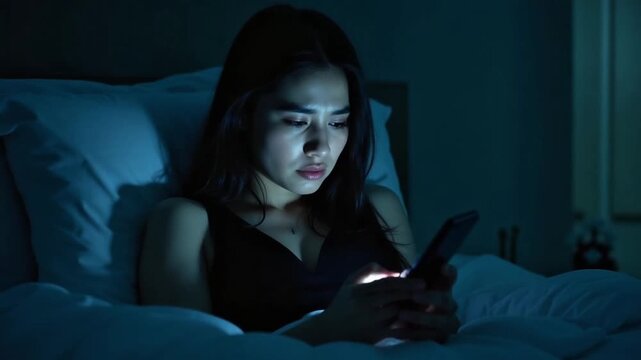 Young woman using a smartphone in bed at night before sleeping, illuminated by screen