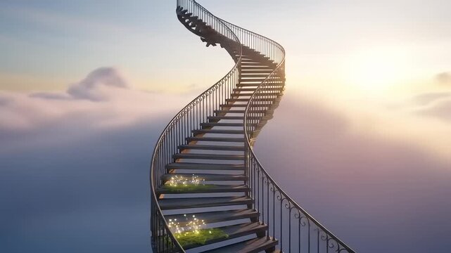 A surreal spiral staircase leads into the clouds, adorned with flowers, symbolizing ascension and dreams