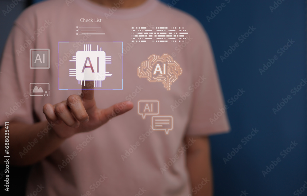 Poster person standing hand touching ai interface icons,concepts artificial intelligent technology represen