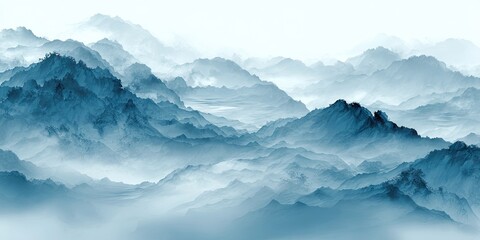 Misty mountain range in shades of blue