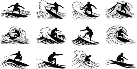 Vector silhouette illustrations of surfer riding ocean waves, extreme water sport activity, surfing adventure, ocean waves, beach sport, summer lifestyle