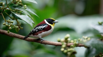Fototapeta premium Colorful small bird perched on branch surrounded by green foliage