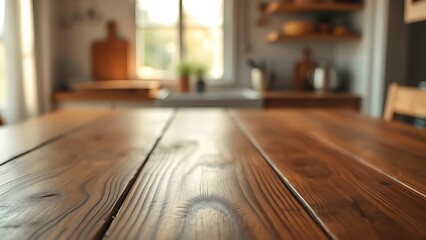 Wooden table with natural grain reflecting soft morning light through a window.