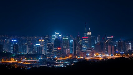 Naklejka premium City skyline at night with sparkling lights, captured in deep blue tones with long exposure.