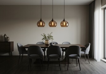 Elegant dining room setup with modern wooden table, plush chairs, and stylish pendant lights creates a warm, inviting atmosphere for gatherings.