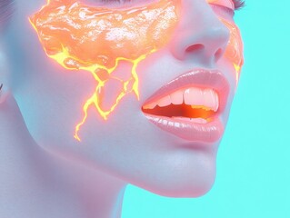 Woman with glowing face effect featuring orange and yellow lightning on blue background in a surreal artistic expression