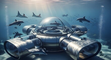 An underwater futuristic vessel with a transparent dome, surrounded by marine life, including dolphins and rays.