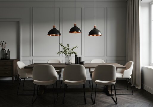 Elegant dining room with dark wood table, upholstered chairs, and modern pendant lighting creating a sophisticated ambiance for entertaining