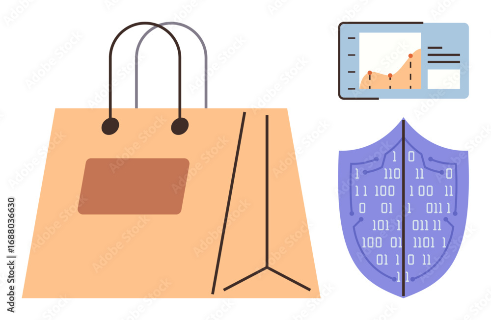 Poster shopping bag, data graph on tablet, digital shield with binary code combine online commerce, analyti