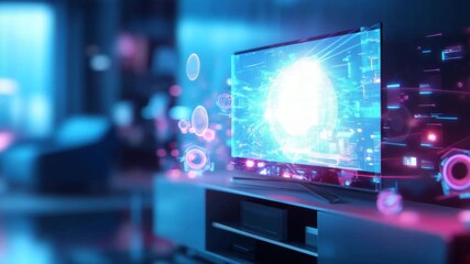Futuristic television digital interface with glowing blue and pink lights, modern living room technology, immersive entertainment, vibrant atmosphere, high tech home innovation, digital screen neon