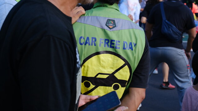 Patrol officers in the car free day area on Sudirman Street. Jakarta, August 3, 2025.