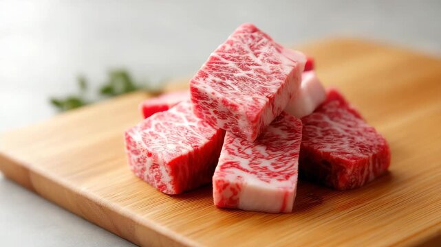 Marbled beef raw meat steak red white fresh uncooked gourmet premium wooden board closeup texture fat protein ingredient cuisine delicious juicy luxury Japanese high quality culinary food