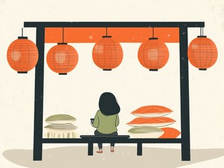 Peaceful Scene of Woman Sitting at Stall Under Red Lanterns Surrounded by Colorful Cushions and Textiles