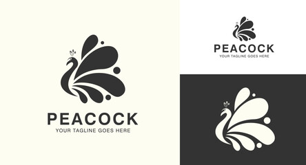 Elegant dark abstract peacock logo with flowing droplet-like tail feathers and a small crown.