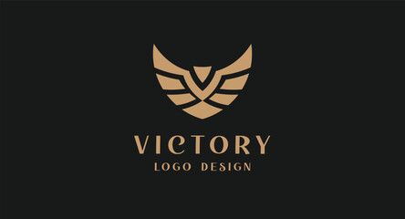 Symmetrical golden abstract winged V-shape crest emblem modern geometric logo design.