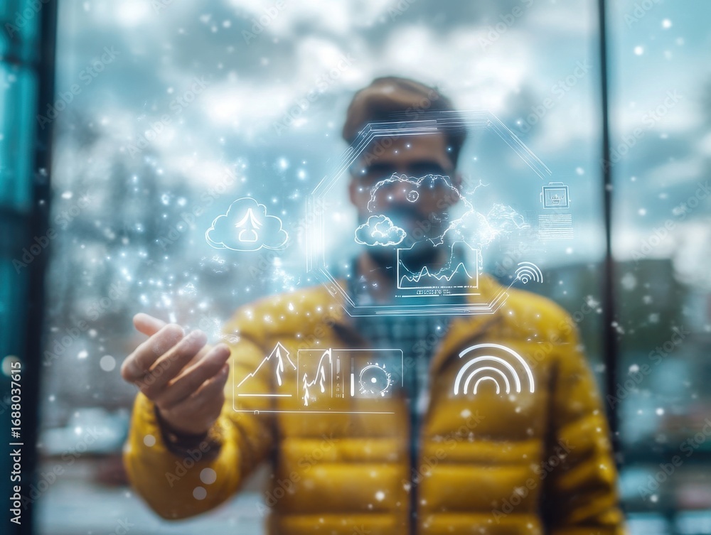 Fototapete man interacting with virtual interface displaying data and analytics in modern setting