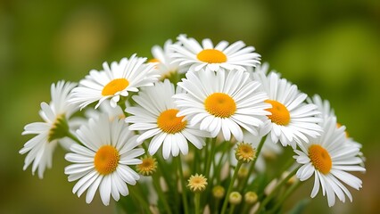 Fototapeta premium Fresh daisies in a simple bouquet, bathed in natural daylight with a soft green backdrop.