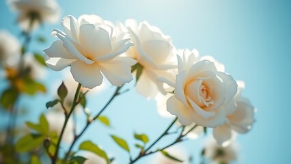 Obraz premium White roses blooming beautifully against a clear blue sky, bathed in bright sunlight with a soft background.