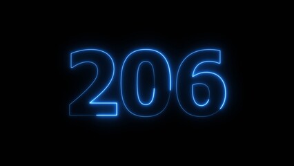 Abstract beautiful blue neon 206 number illustration background 4K. Glowing neon countdown number icon background. 