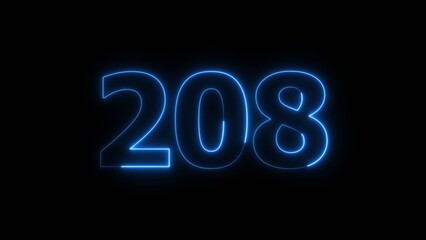 Abstract beautiful blue neon 208 number illustration background 4K. Glowing neon countdown number icon background. 