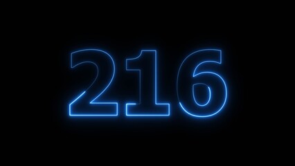 Abstract beautiful blue neon 216 number illustration background 4K. Glowing neon countdown number icon background. 