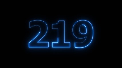 Abstract beautiful blue neon 219 number illustration background 4K. Glowing neon countdown number icon background. 