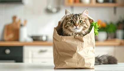 A tabby cat sits inside a brown paper bag in a kitchen setting.
