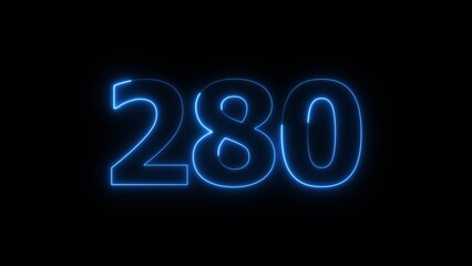 Abstract beautiful blue neon 280 number illustration background 4K. Glowing neon countdown number icon background. 