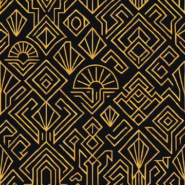 Fototapeta Luxurious seamless Art Deco pattern with intricate golden geometric lines on a black background. Elegant Roaring 20s Great Gatsby style vector for wallpaper or fabric.