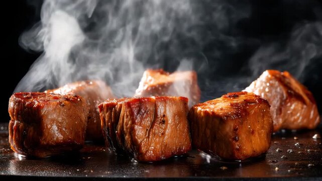 Juicy grilled beef steak cubes with smoky aroma, cooked hot surface, tender brown meat sizzling, steam rising, savory gourmet protein meal, appetizing closeup for barbecue lovers, delicious
