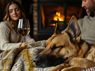Cozy Indoor Scene with a Woman, a Man, a Dog, and a Glass of Wine by the Fireplace in a Rustic Setting