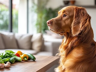 Thoughtful Golden Dog Observing Fresh Vegetables on a Kitchen Table in Cozy Home Environment