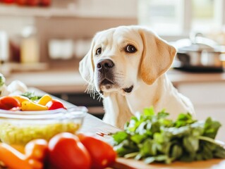 Charming Labrador Dog Surrounded by Fresh Vegetables in a Light-filled Kitchen