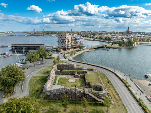 Aerial view of Stegeholm castle in Vastervik Sweden. Small ruined square shape stronghold controlling the water ways