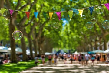 Colorful flags and bubbles in a park with people.