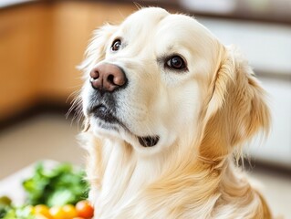 Golden retriever dog portrait with fresh vegetables in a kitchen environment showcasing healthy pet lifestyle
