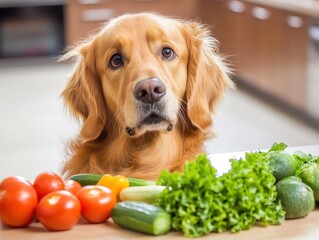 Golden Retriever Dog Surrounded by Fresh Vegetables and Fruits in a Bright Kitchen Setting