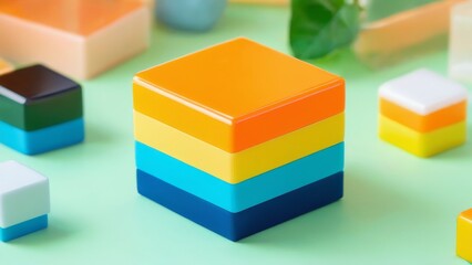 Obraz premium Playful arrangement of colorful cubes on light green background with a pyramid shape, including orange, yellow, blue, and white cubes.