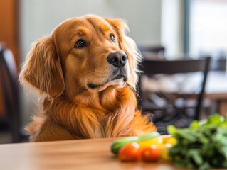 Golden retriever sitting at a table with fresh vegetables, waiting for food in a cozy cafe setting