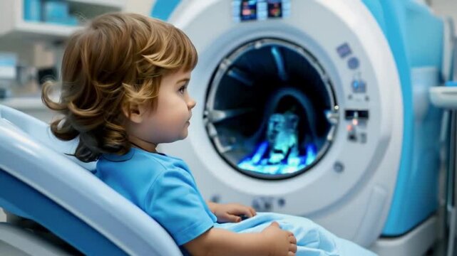 Young child in a hospital medical exam room with MRI machine. CAT scan in a doctor's office. Cute kid in a medical setting.