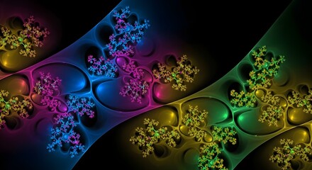 Abstract fractal art with colorful, branching patterns on a dark background.