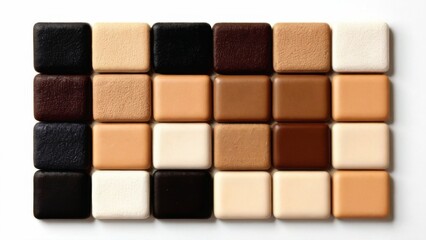 Colorful grid pattern of 16 square tiles with varying textures, ranging from light beige to dark brown on white background.