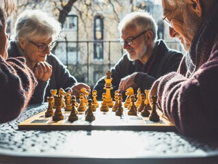 Elderly Friends Enjoying a Relaxing Afternoon Playing Chess in Natural Light Outdoors