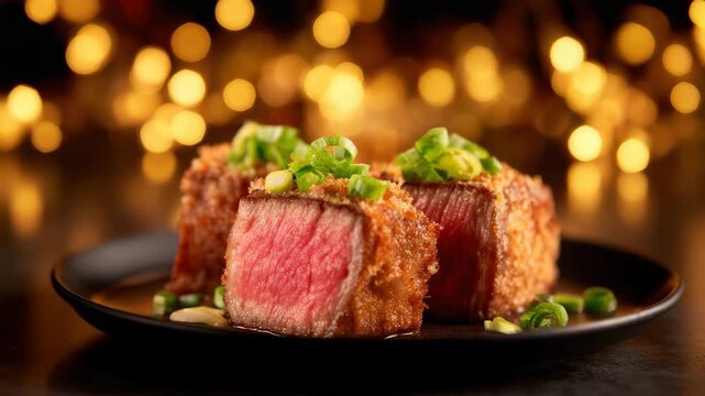 Juicy beef steak with crispy breaded coating, medium rare center, garnished with fresh green onion, served black plate, gourmet meal featuring golden bokeh background, delicious and inviting steak